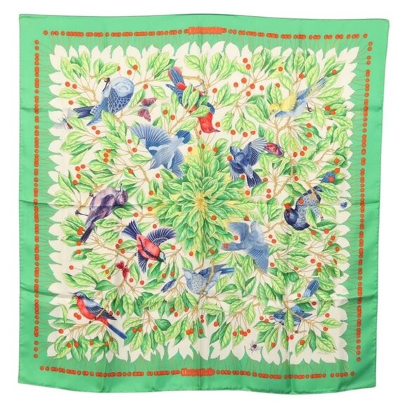 HERMES Carre 90 Scarf ""Les merises"" Silk Green Auth 135497 - Picture 1 of 14